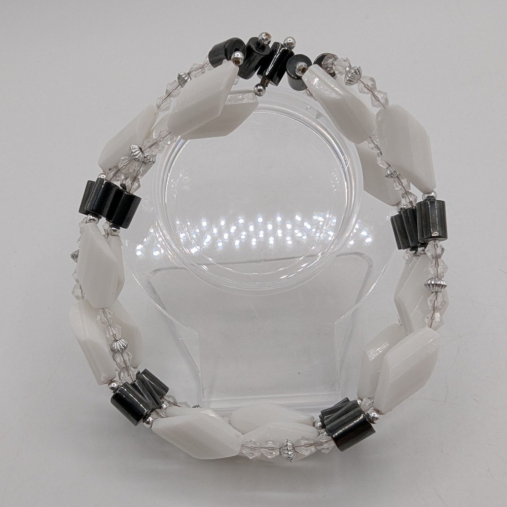 Magnetic Wrap Bracelet White Diamond Black Cylinder Beads Geometric Minimalist